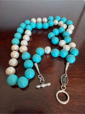 AG 47 STERLING SILVER PEARLS & TURQUOISE 30" bead NECKLACE